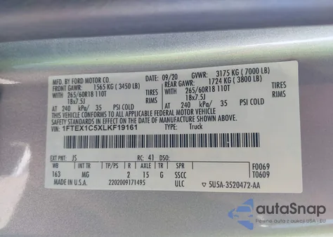 2020 Ford F-150 Xlt z USA, uszkodzony, nr VIN 1FTEX1C5XLKF19161